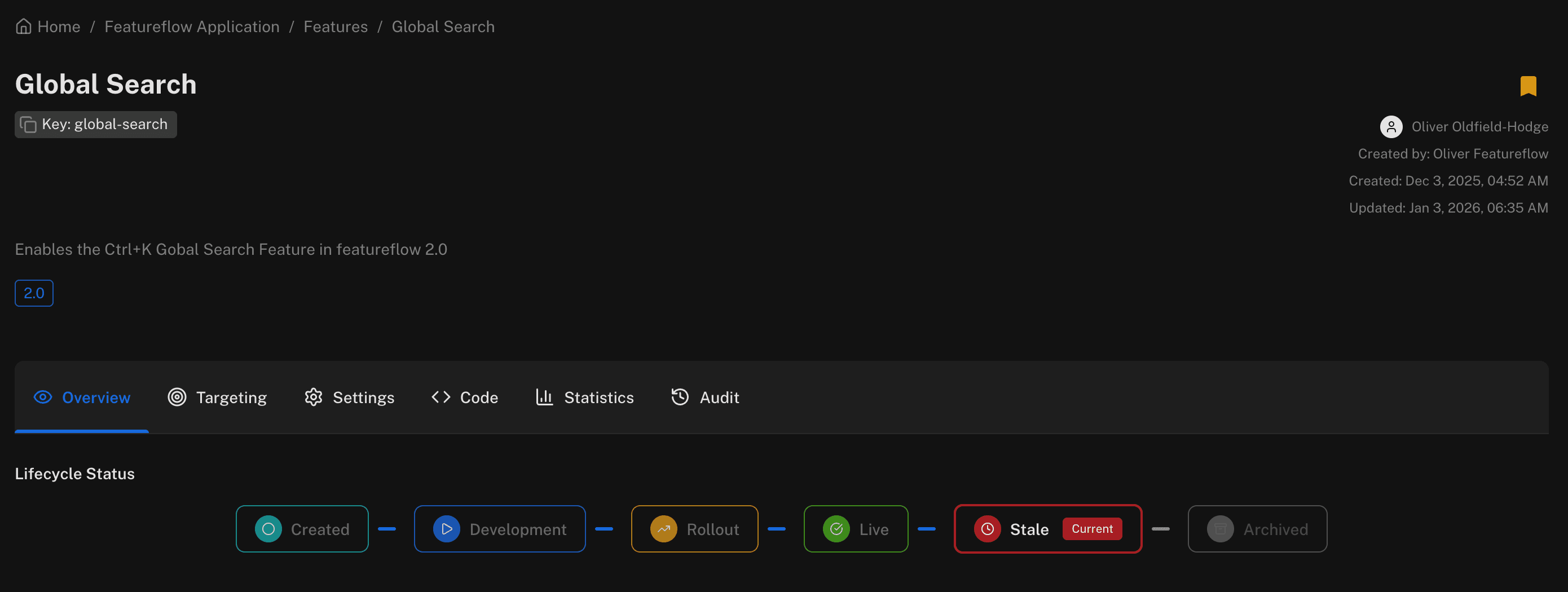 Featureflow flag lifecycle view showing a flag in Stale status — the current state highlighted in red