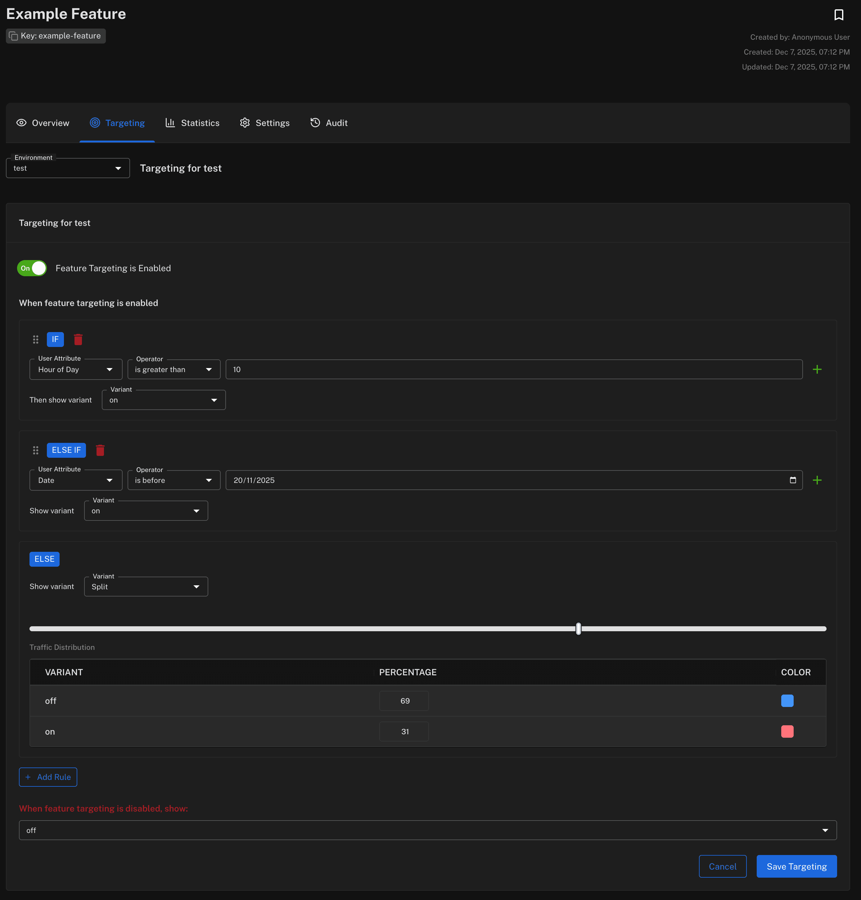 Feature variant split and traffic distribution