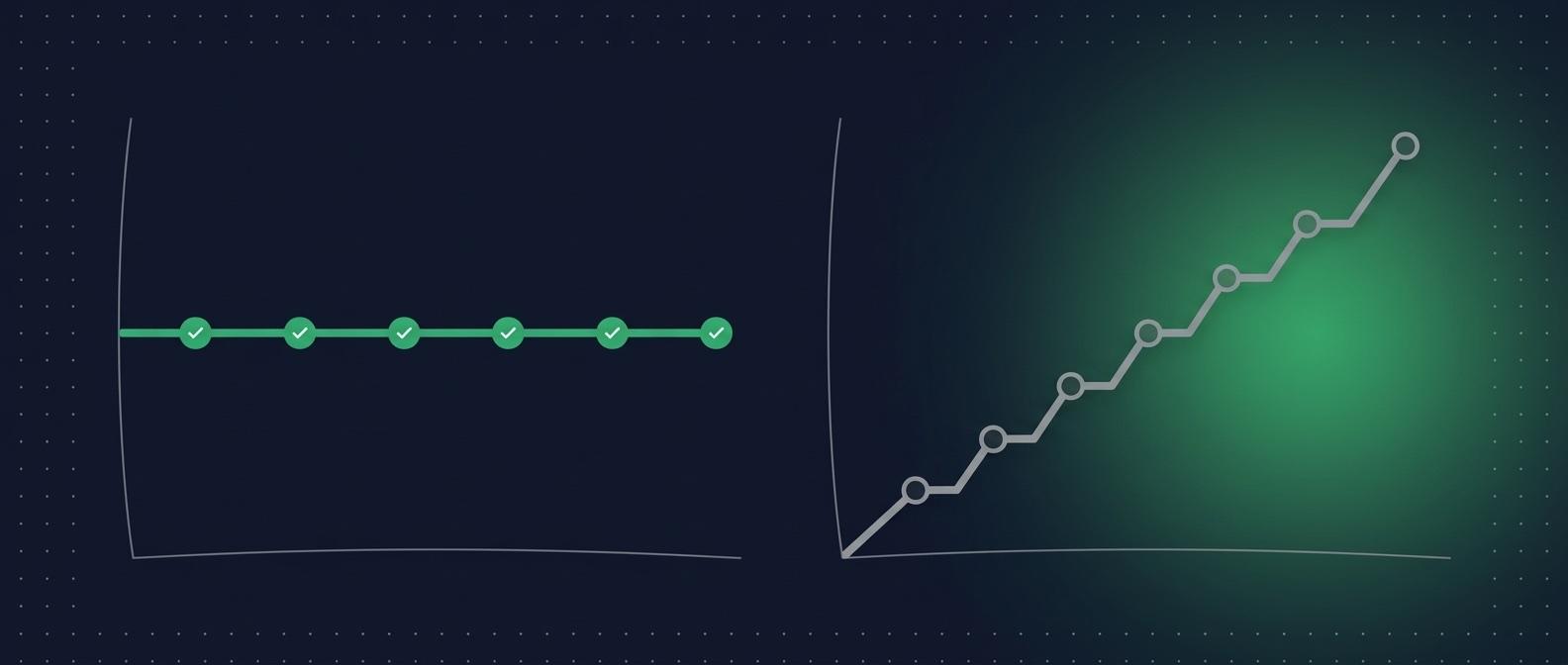 Illustration: a flat line for a fixed monthly price beside a line that climbs in steps as usage grows