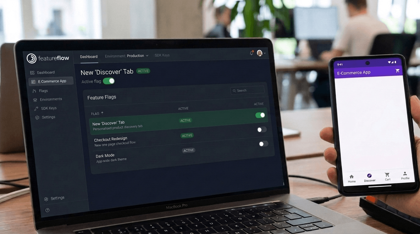 A phone running an app next to a laptop showing the Featureflow dashboard, where a flag flip updates the app remotely