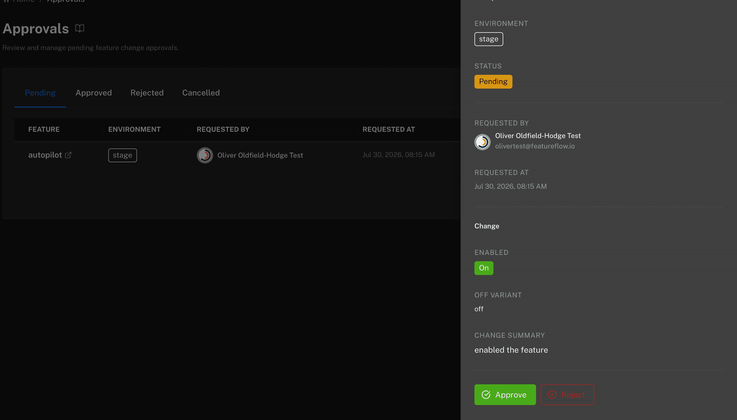 A pending approval in Featureflow with the change summary and Approve and Reject actions