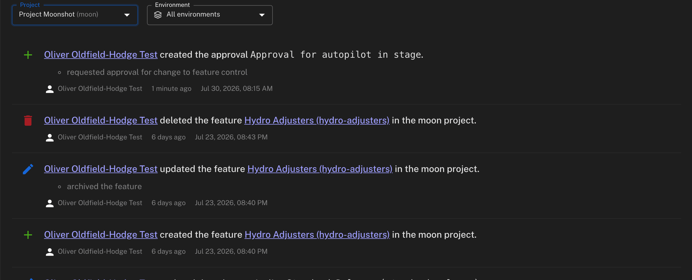 Featureflow audit log listing flag changes with user, change, environment and timestamp