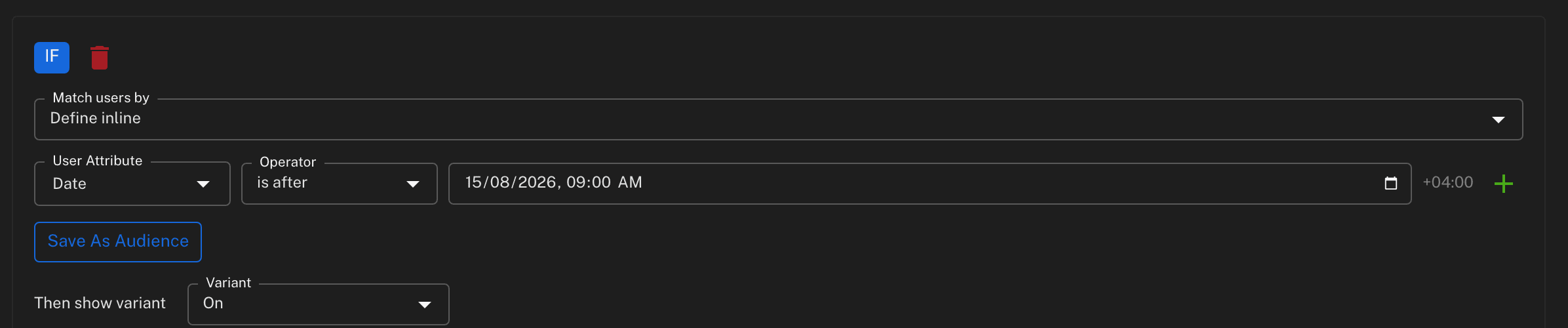 A Featureflow targeting rule: if Date is after 15/08/2026 09:00 AM, show the On variant