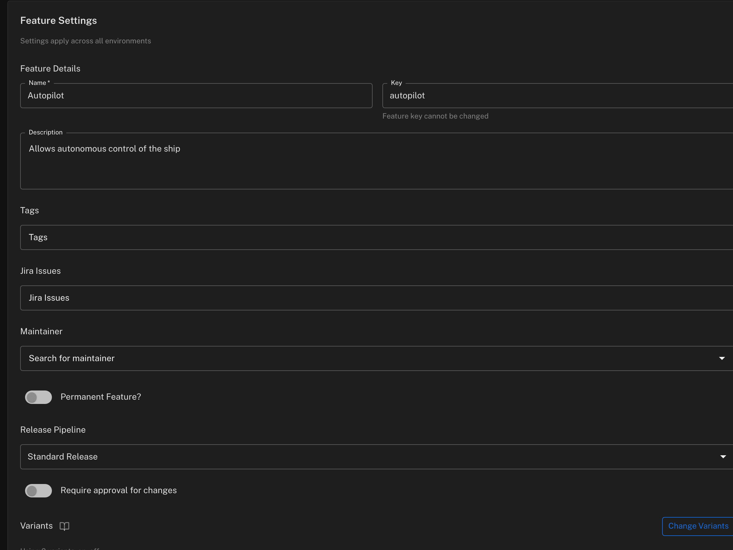Featureflow feature settings — details, release pipeline and variants, editable without a deploy