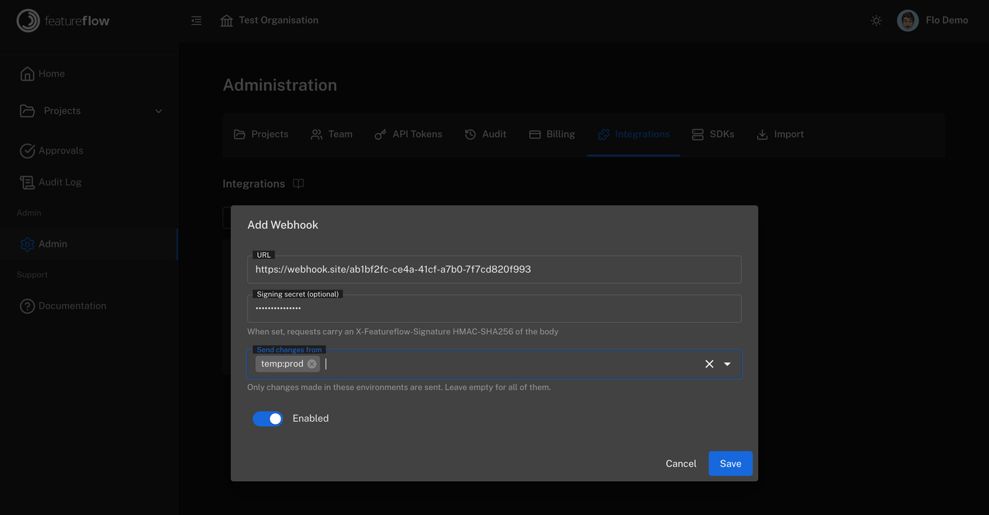 The Add Webhook dialog in Featureflow, showing the destination URL, an optional signing secret, and a picker limiting which environments send changes
